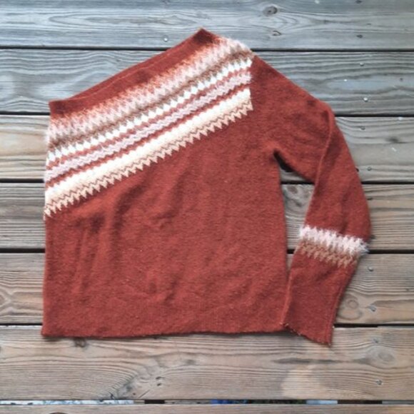 Anthropologie Rust Wool Vittoria Fair Isle One Shoulder Sweater Cozy Tan Large - Picture 3 of 8